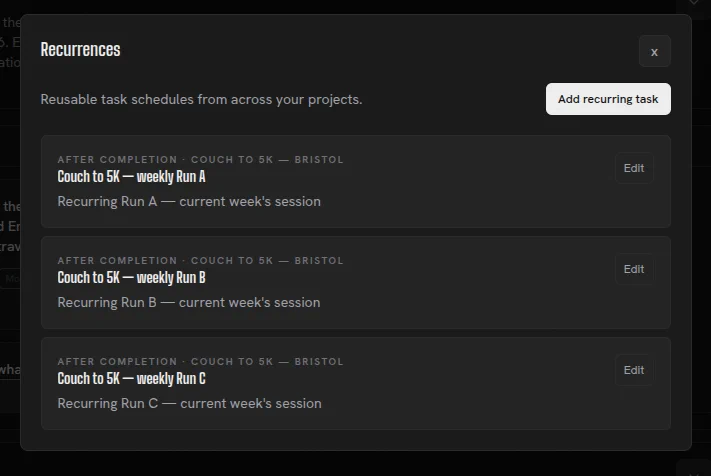 Three recurring tasks for runs A, B & C