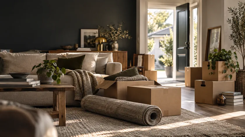 A living room prepared for a house move, with boxes and an open door into daylight.