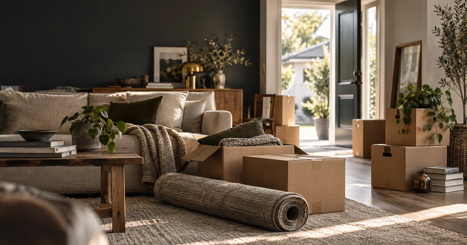 A living room prepared for a house move, with boxes and an open door into daylight.