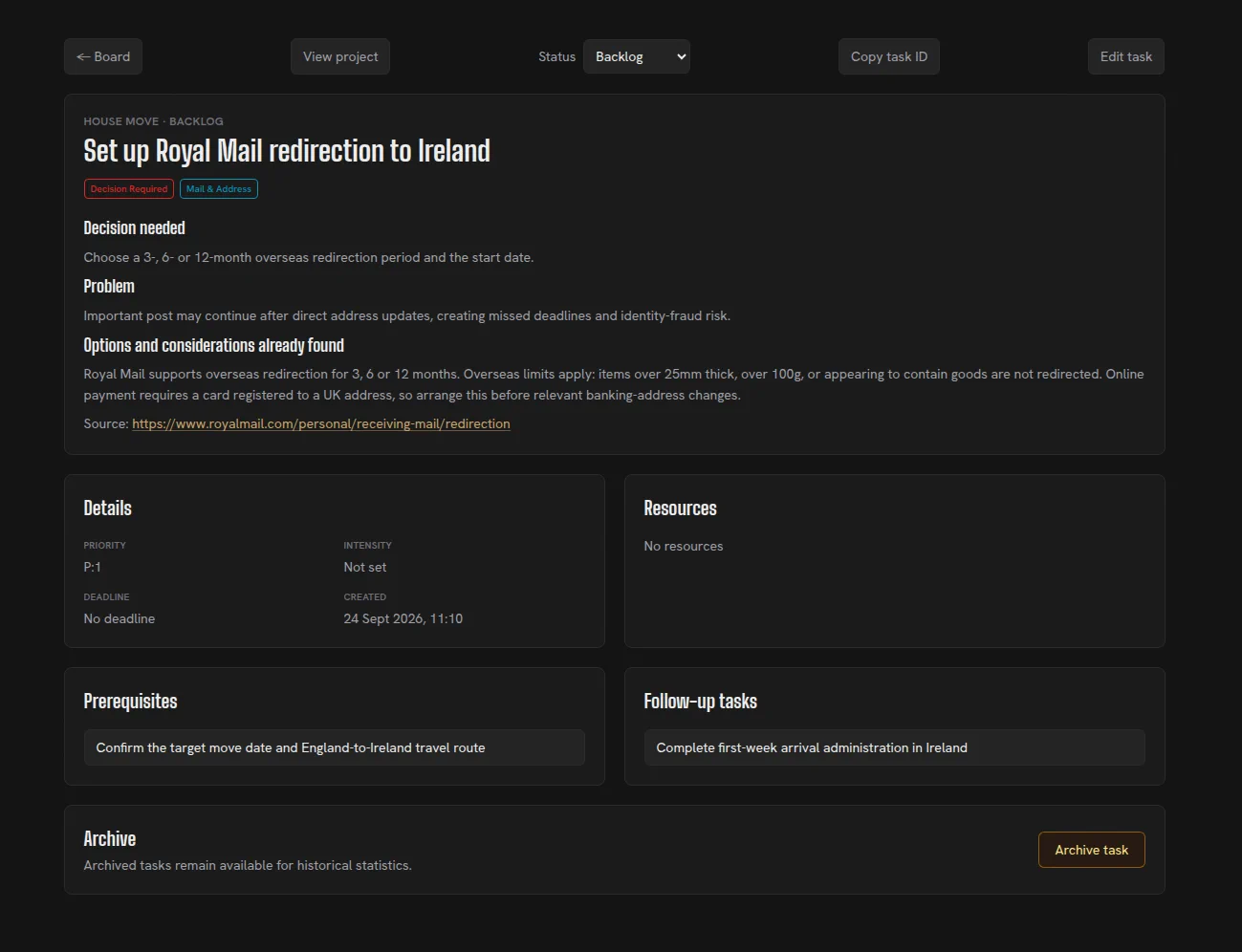 Mail redirection task linking to Royal Mail services & information