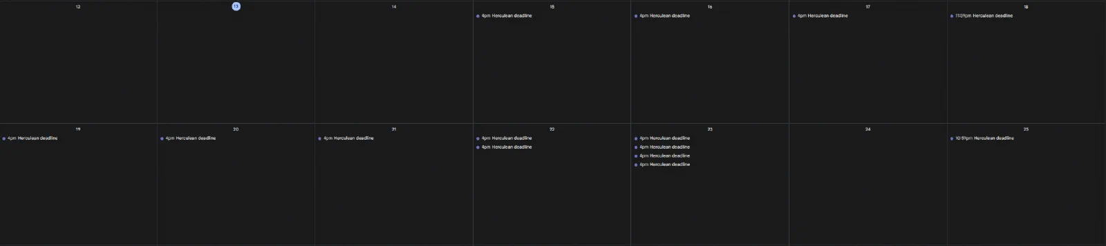Calendar view in Google Calendar showing Herculean deadlines as fully private events.