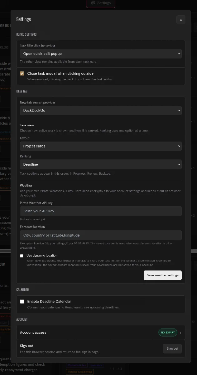 Herculean Settings panel open over the dashboard, with sections for Board settings, New Tab, Calendar, and Account.