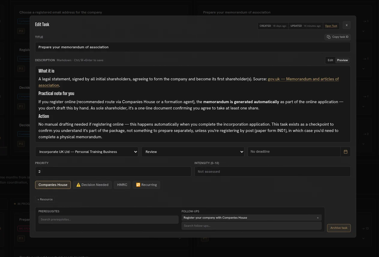 Task editing dialog open over a Herculean project board.