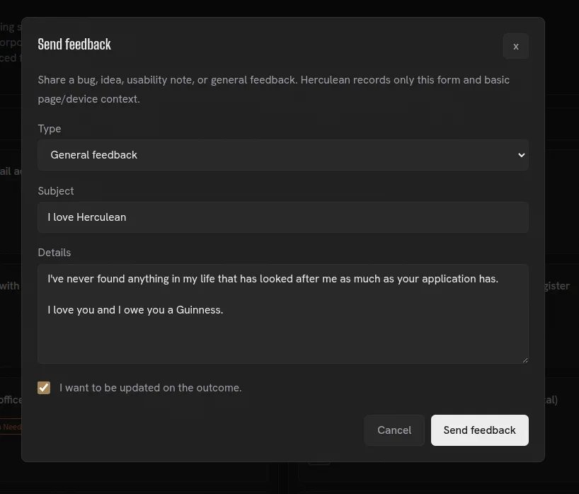 Herculean Send feedback form with fields for feedback type, subject and details, plus an option to request an update on the outcome.