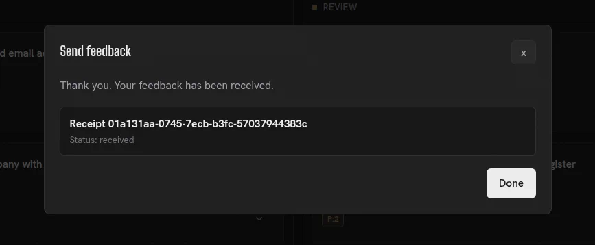 Herculean feedback confirmation with a receipt number and received status.