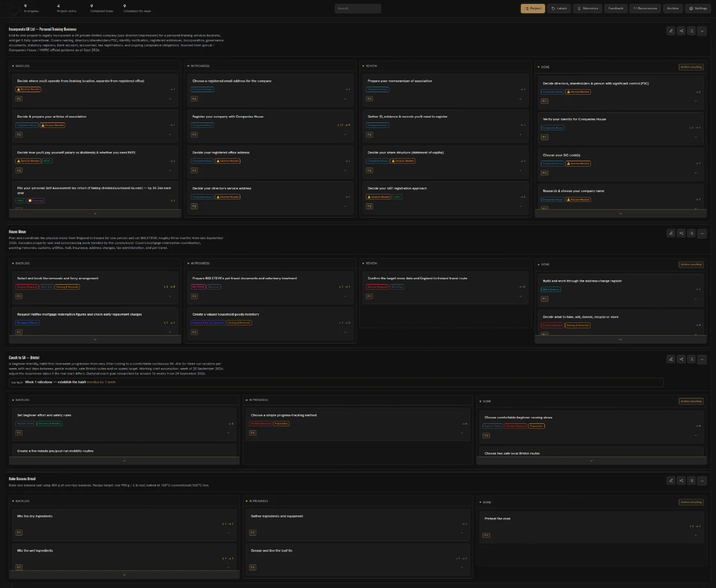 Herculean dashboard showing several projects and their task columns.