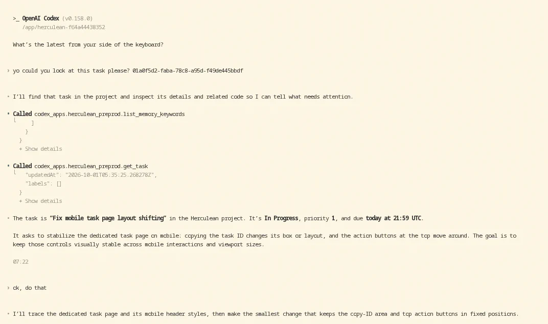Codex conversation where an agent receives a Herculean task ID and looks up the task before starting work