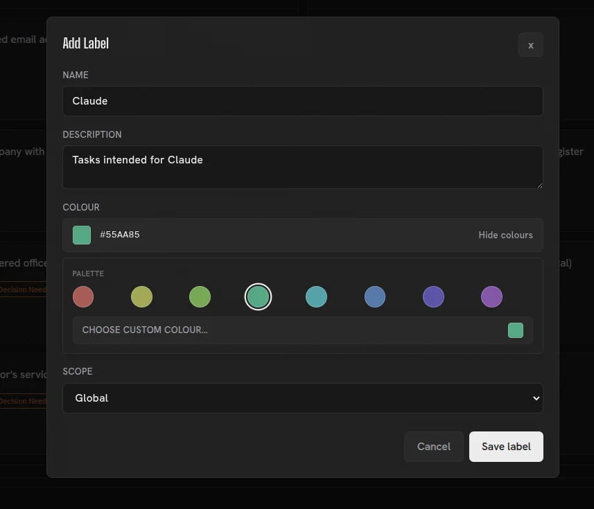 Herculean new-label dialog with a name field and selectable colour palette.