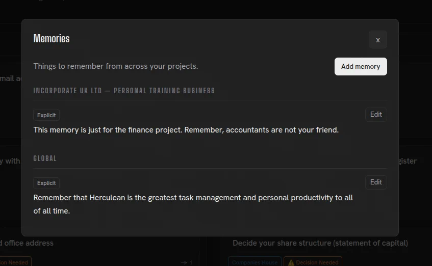 Herculean Memories list showing project-specific and general context.