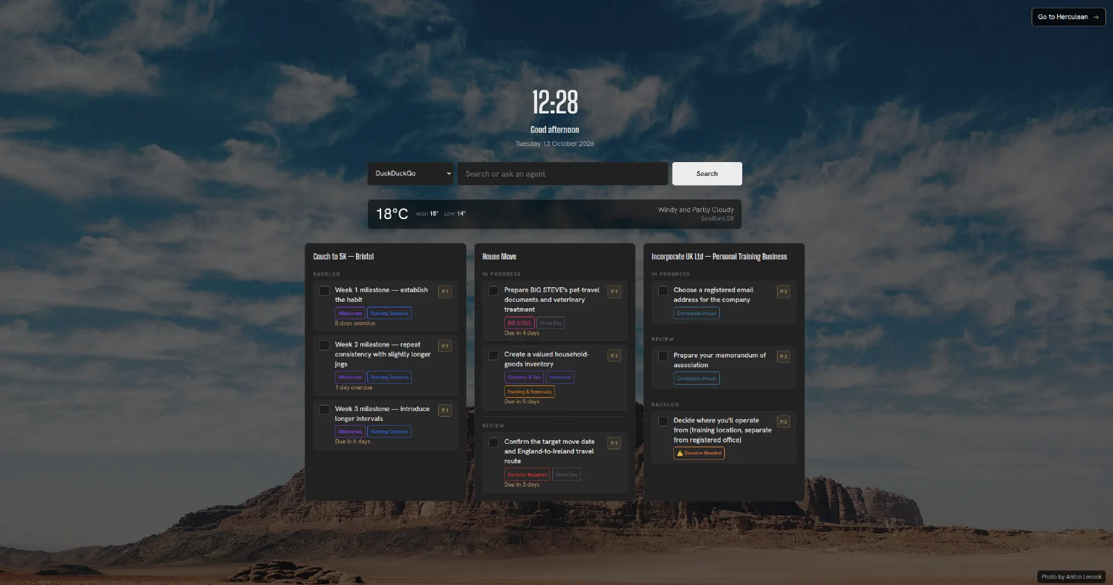 Herculean New Tab page showing tasks grouped into three project columns beneath the search and local weather panels.
