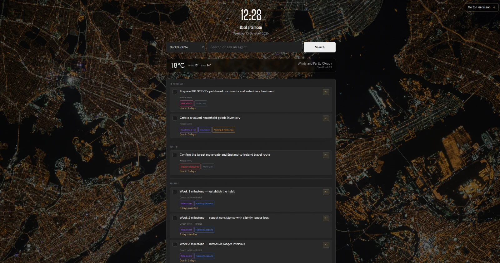 Herculean New Tab page showing a focused task list from several projects, grouped by status below search and weather.
