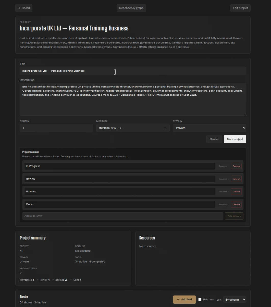 Herculean dedicated project page with the Edit project form open and controls to rename, delete, and add workflow columns.