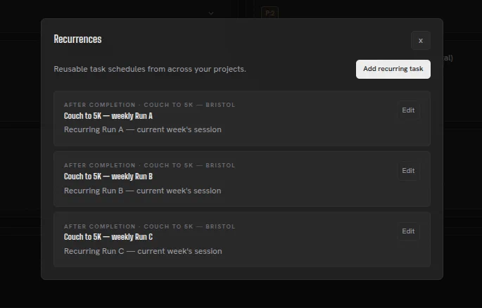 Herculean Recurrences list showing three completion-based Couch to 5K running schedules.