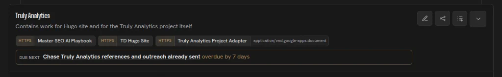 Herculean project for Truly Analytics showing several attached Resources, including links to a playbook, website, project adapter and document.