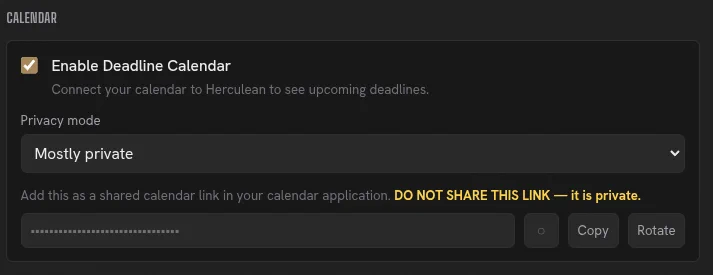 Herculean Calendar settings with sharing enabled, a private privacy mode selected, and controls to copy or rotate the calendar link.