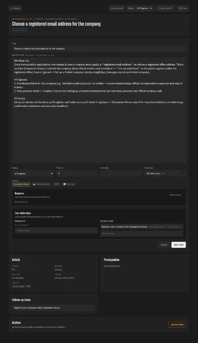 Herculean task detail page open in edit mode.