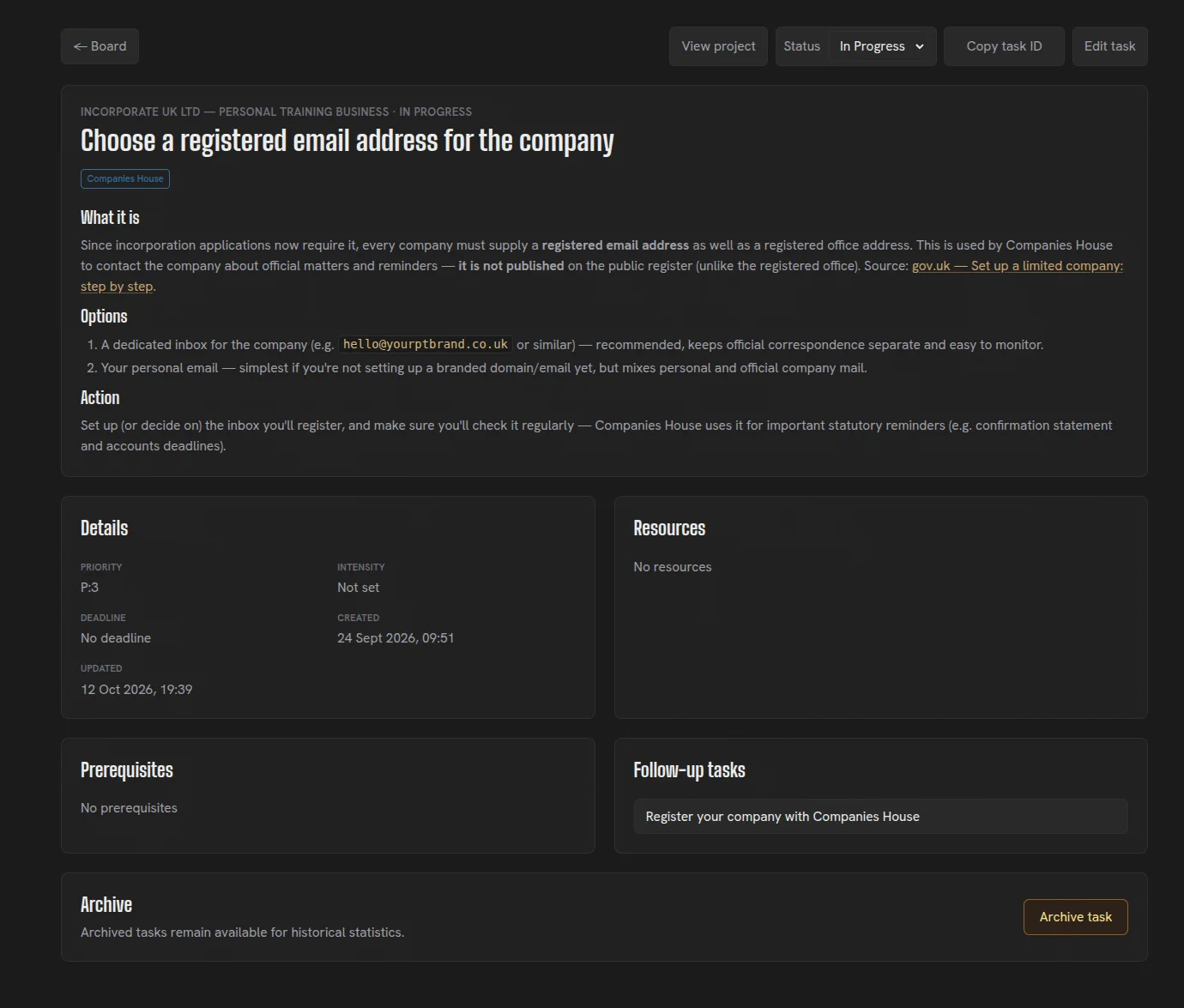 Herculean task page showing task details, project context, and related work.