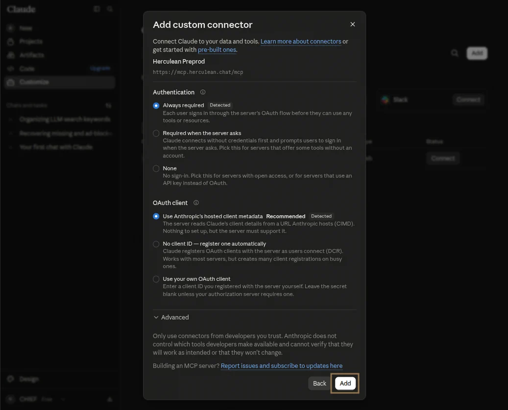 Custom connector settings