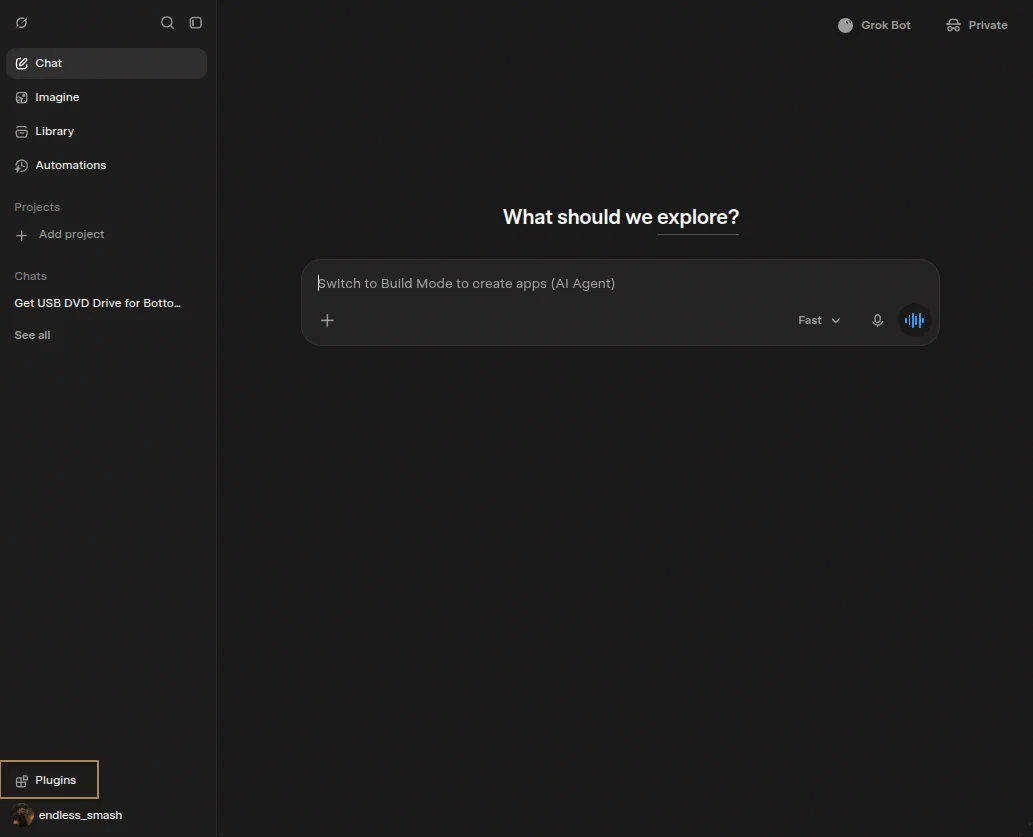 Grok's Plugins button highlighted in the lower-left corner of a chat.