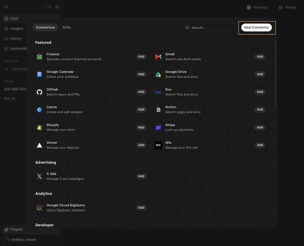Grok's Connectors panel with the New Connector button highlighted.