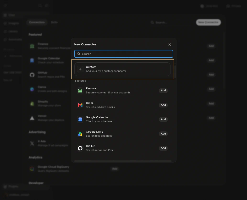 Grok's New Connector menu with the Custom option highlighted.
