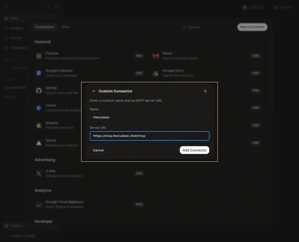 Grok's Custom Connector form with the name Herculean and its MCP server address entered.