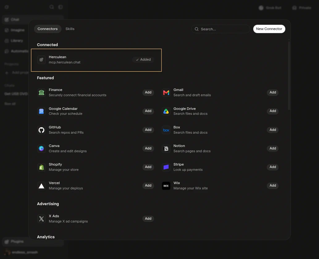 Grok's Connectors page showing Herculean under Connected.