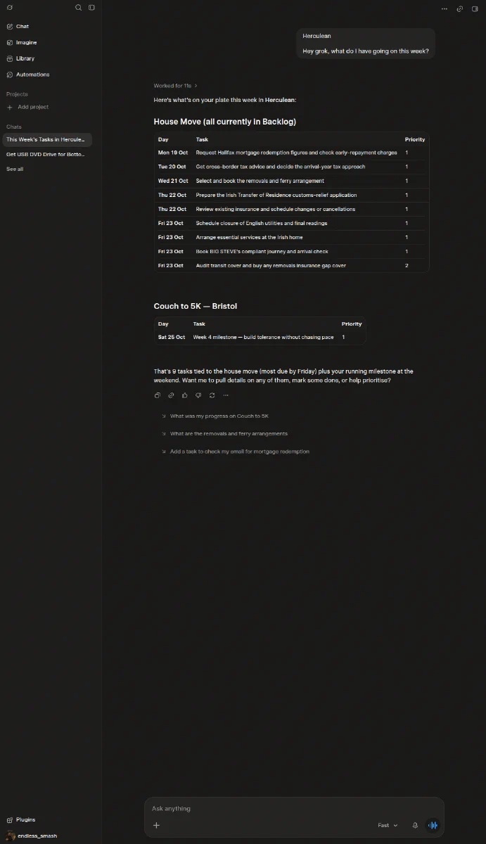 A Grok conversation using Herculean to show a weekly overview of tasks grouped by project and date.